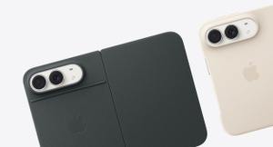 iPhone Duo Accessories: iPhone Duo Folio with Kickstand in navy blue color. iPhone Duo Case in sand color (light tan). Apple logo in center on back exterior, iPhone Duo visible through camera cutout