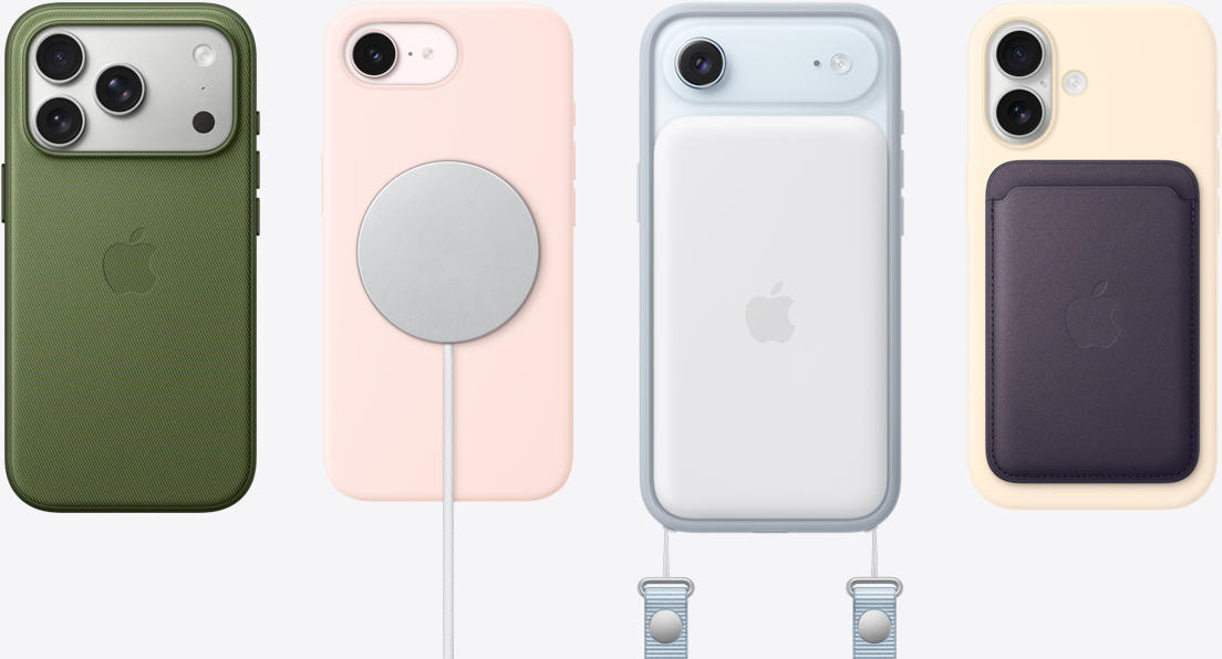 iPhone and accessories: moss color TechWoven Case attached to iPhone 17 Pro, soft pink color Silicone Case and MagSafe Charger attached to iPhone 17e, sky blue color iPhone Air Bumper with sky blue color CrossBody Strap and iPhone Air MagSafe Battery attached to matching iPhone Air, vanilla color (tan) Silicone Case and midnight purple color FineWoven MagSafe Wallet attached to iPhone 17