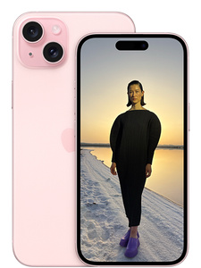 Parte de trás do iPhone 15, sistema de câmera avançado com duas lentes, Dynamic Island e parte da frente com tela de ponta a ponta.