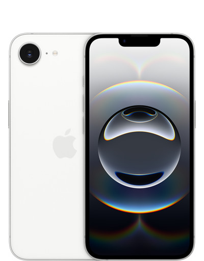 iPhone 16e, back exterior, white colour, 2-in-1 camera system, front exterior, all screen design, front camera, thin black display border