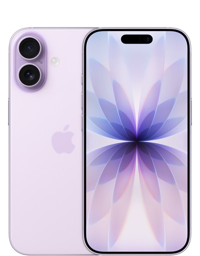 Parte de trás do iPhone 17 na cor lavanda mostrando o sistema de câmera dupla Fusion. Parte da frente com design todo tela, Dynamic Island e a moldura preta fina da tela.