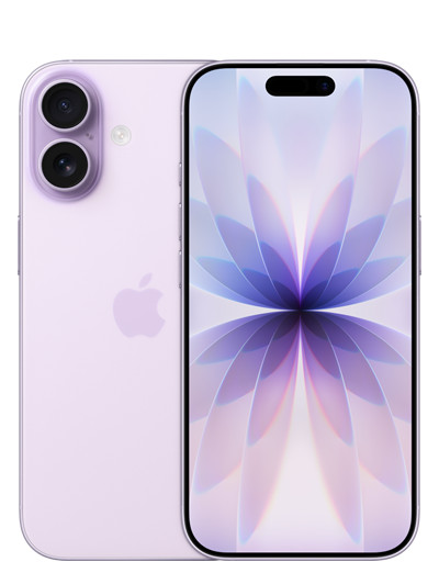 iPhone 17, back exterior, lavender colour, Dual Fusion camera system, front exterior, all screen design, Dynamic Island, thin black display border