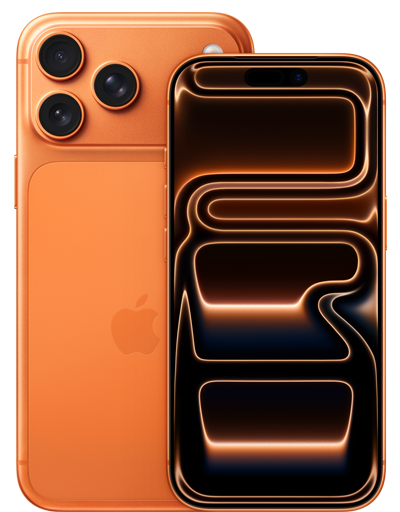 Parte de trás do iPhone 17 Pro laranja-cósmico, sistema de câmera Fusion Pro na parte superior, logotipo da Apple no centro, parte da frente com design todo tela e Dynamic Island.