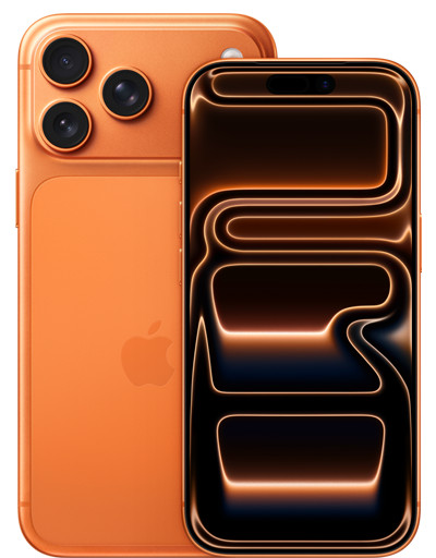 iPhone 17 Pro, back exterior, cosmic orange colour, Pro Fusion camera system at top, Apple logo in centre, front exterior all-screen design, Dynamic Island