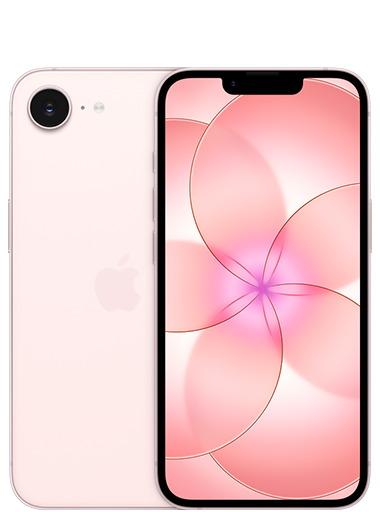 Parte de trás do iPhone 17e rosa-pálido, com sistema de câmera Fusion, logotipo da Apple no centro. A parte da frente tem tela de ponta a ponta, o entalhe com a câmera TrueDepth, moldura preta e fina, bordas arredondadas e laterais retas