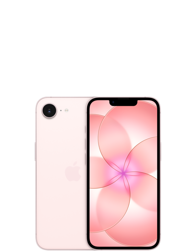 iPhone 17e, back exterior, soft pink colour, Fusion camera system, Apple logo in centre, front exterior, all screen design, notch with TrueDepth camera, thin black display border, rounded corners, straight sides