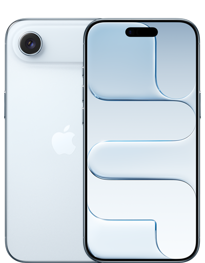 Parte de trás do iPhone Air azul-céu mostrando o sistema de câmera Fusion. Parte da frente com design todo tela, Dynamic Island e a moldura preta fina da tela.