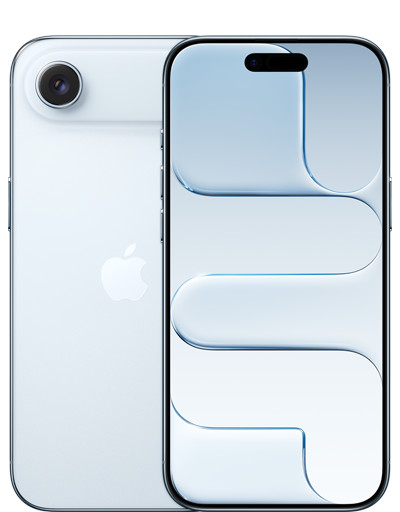 iPhone Air, back exterior, sky blue colour, Fusion camera system, front exterior, all screen design, Dynamic Island, thin black display border