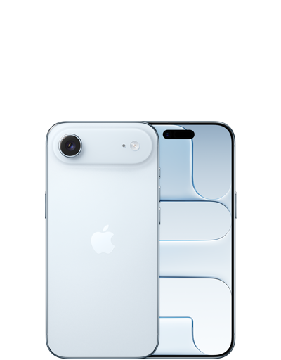 iPhone Air, back exterior, sky blue colour, Fusion camera system, front exterior, all screen design, Dynamic Island, thin black display border