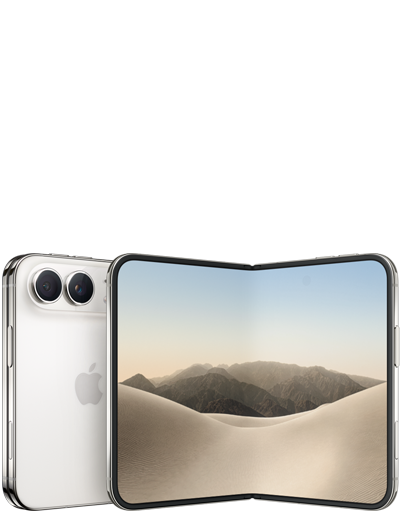 iPhone Duo, folded back exterior, star white color, Dual Fusion camera system at top left, Apple logo in center. Unfolded interior display, all-screen design, rounded corners