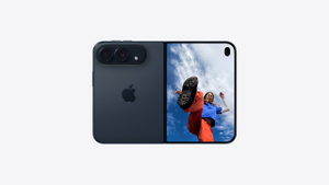iPhone Duo, fully unfolded, night sky colour (dark blue), back exterior, Dual Fusion camera system at top left with two lenses, microphone and flash, Apple logo in centre. Front exterior display, all-screen design, Center Stage front camera at top right