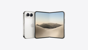 iPhone Duo, folded back exterior, star white colour, Dual Fusion camera system at top left, Apple logo in centre. Unfolded interior display, all-screen design, rounded corners