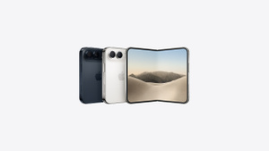iPhone Duo, two available colors: back exterior, night sky color (dark blue), star white color. Interior display, all-screen design, rounded corners