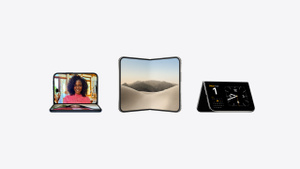 iPhone Duo, various positions: inverted open landscape orientation, unfolded at slight angle, exterior display. Open portrait orientation, unfolded at wide angle, interior display. Open landscape orientation, unfolded at right angle, interior display