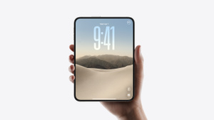 iPhone Duo, held in hand, fully unfolded in portrait orientation, interior display with all-screen design, Home Screen fills entire screen height
