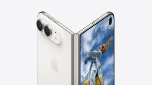 iPhone Duo, portrait orientation, exterior unfolded at wide angle, star white color, titanium hinge, Dual Fusion camera system lenses at top left, exterior display on right