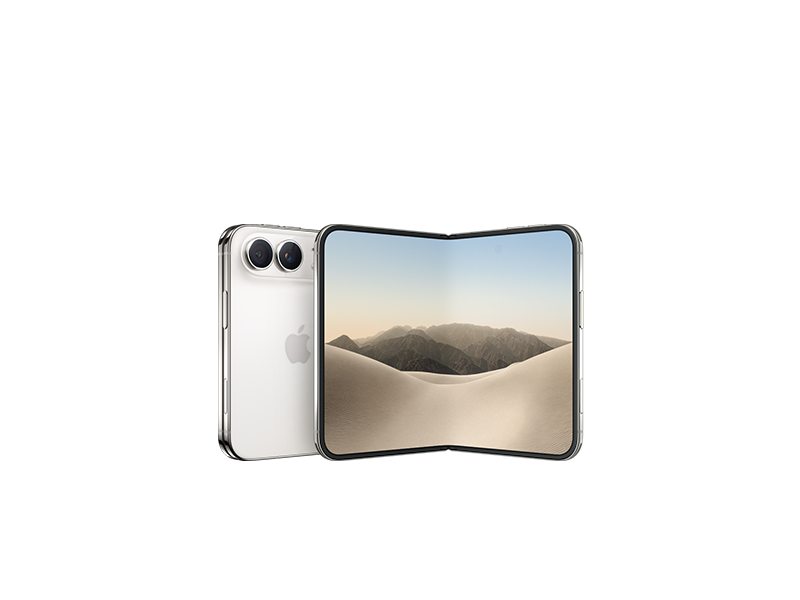 iPhone Duo, ภายนอกด้านหลังพับปิดอยู่, สีสตาร์ไวท์, ระบบกล้อง Fusion Dual ที่ด้านบนซ้าย,โลโก้ Apple อยู่ตรงกลาง จอภาพด้านในที่กางเปิดอยู่, ดีไซน์แบบหน้าจอทั้งหมด, มุมมน