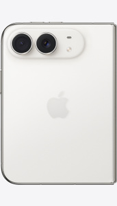 iPhone Duo, star white color, folded back exterior, rounded outer edge, straight edge on hinge side, Dual Fusion camera system at top left corner, Apple logo in center