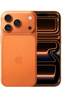 iPhone 17 Pro, back exterior, cosmic orange colour, Pro camera system at top, Apple logo in centre, front exterior all screen design, Dynamic Island