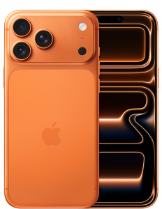 iPhone 17 Pro Max, back exterior, cosmic orange color, Pro camera system at top, Apple logo in center, front exterior all screen design, Dynamic Island