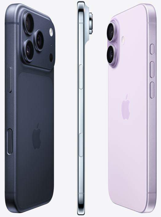 iPhone 17 Pro, back exterior in deep blue color and Pro Fusion camera system at top, Apple logo in center, iPhone Air, very thin Titanium side, iPhone 17, back exterior with lavender color and Dual Fusion camera system in top left corner, Apple logo in center