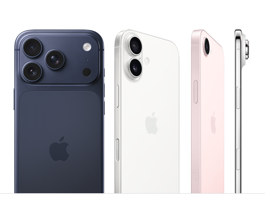 iPhone 17 Pro, R&uuml;ckseite, Farbe Tiefblau, Pro Fusion Kamera-System, Apple Logo in der Mitte, iPhone 17, R&uuml;ckseite, Farbe Wei&szlig;, Dual Fusion Kamera-System, Apple Logo in der Mitte, iPhone 17e, R&uuml;ckseite, Farbe Hellrosa, Fusion Kamera-System, Apple Logo in der Mitte, iPhone Air, Seite, Farbe Wolkenwei&szlig;, d&uuml;nnes Profil aus Titan, Fusion Kamera-System