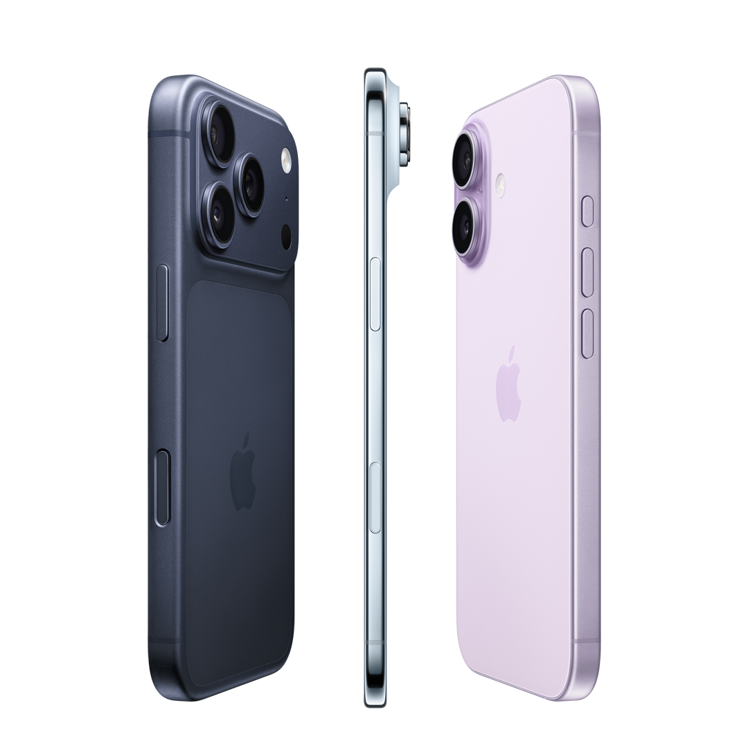 iPhone 17 Pro, back exterior in deep blue color, Pro camera system spanning across the top, iPhone Air, very thin titanium side, iPhone 17, back exterior in lavender color, Advanced dual-camera system in top left corner