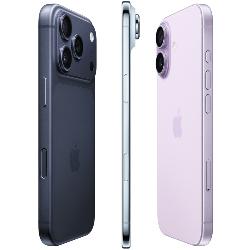 深蓝色 iPhone 17 Pro，背面外观展示横跨机身上方的 Pro 级摄像头系统；iPhone Air，侧面展示超纤薄钛金属外观；薰衣草紫色 iPhone 17，背面外观，先进双摄系统位于左上角。