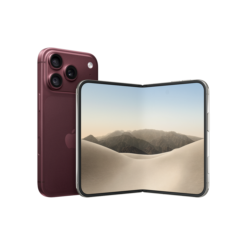 勃艮第酒红色 (深红色系) iPhone 18 Pro，背面外观，展示 Pro 级融合式摄像头系统。星光白色 iPhone Duo，横向展开，内屏展示全面屏设计。