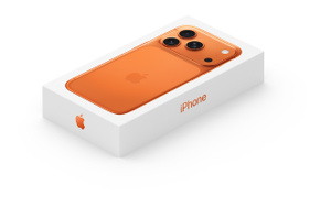 New iPhone 17 Pro, box top exterior displays the iPhone back exterior with cosmic orange finish, short side of box displays color-matching Apple Logo and long side of box displays color-matching text reading iPhone
