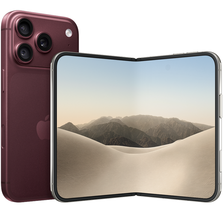 iPhone 18 Pro, burgundy colour (dark red), back exterior, Pro Fusion camera system. iPhone Duo, star white colour, unfolded landscape orientation, interior display, all-screen design