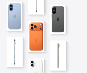 An assortment of iPhone models in new boxes, box top exterior displays the iPhone 17 Pro , iPhone 17,  iPhone Air displaying very thin titanium side