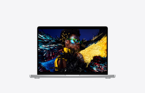 14-inch MacBook Pro, open, silver color, standard Liquid Retina XDR display, an explosion of vibrant colors and sharp details bring a portrait photo to life
