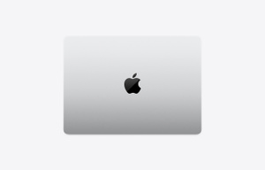 14-inch MacBook Pro, top exterior, silver color, rounded corners, centered glossy black Apple logo