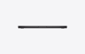 14-inch MacBook Pro, front exterior, closed, space black color, centered notch, rounded raised feet