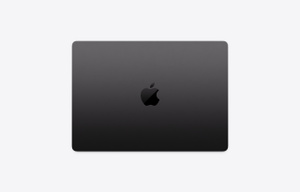 14-inch MacBook Pro, top exterior, space black color, rounded corners, centered glossy black Apple logo