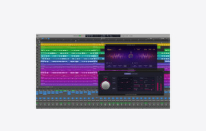 App Logic Pro, table de mixage et Panner d&rsquo;objet 3D au bas de plusieurs couches d'instruments dans les fen&ecirc;tres Chord Track, ChromaGlow et Quantec Room Simulator ouvertes sur la droite