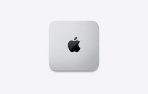 Mac Studio, top exterior, silver color, square shape, rounded corners, centered glossy black Apple logo