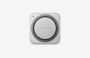 Mac Studio, bottom exterior, silver color, perforated vents, Kensington lock slot, circular base, text reads: Mac Studio