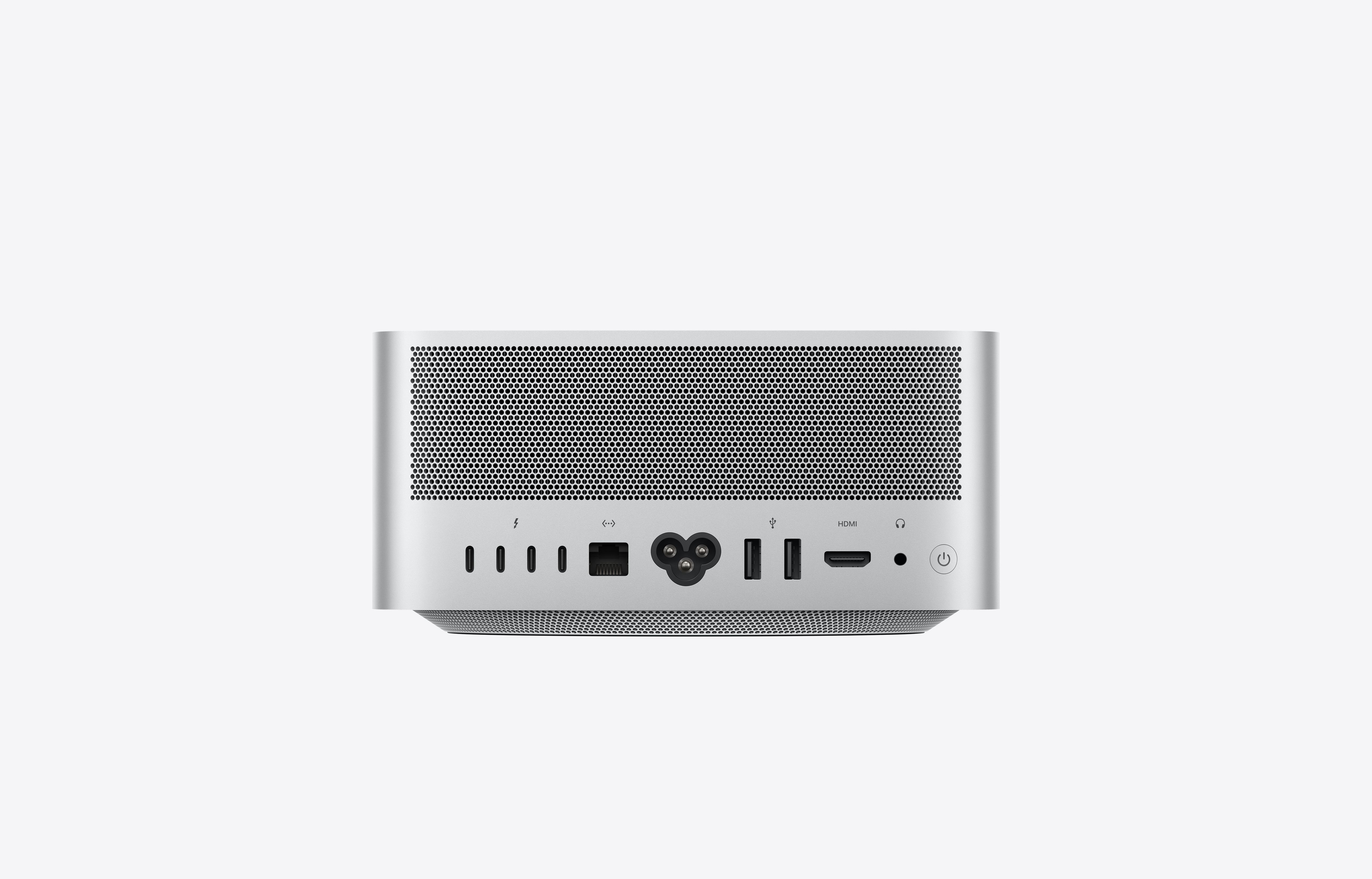 Image 6: Mac Studio, back exterior, perforated aluminum exhaust, four Thunderbolt 5 ports, Ethernet port, power socket, two USB-A ports, HDMI port, headphone jack, power button