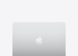 MacBook Air, top exterior, silver color, rounded corners, centered lighter silver glossy Apple logo