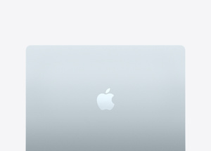 MacBook Air, top exterior, sky blue colour, rounded corners, centred lighter starlight glossy Apple logo