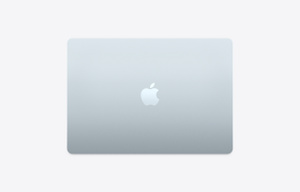15-inch MacBook Air, open, sky blue color, display, rounded corners, raised feet