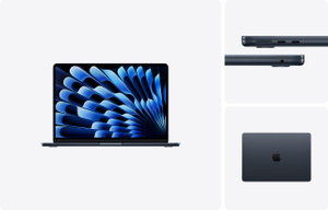 Parte lateral izquierda de una MacBook Air de 13 pulgadas color medianoche abierta con pantalla, esquinas redondeadas, patas elevadas, un puerto MagSafe 3 y dos puertos Thunderbolt 4; parte lateral derecha con entrada para audífonos; y parte superior con esquinas redondeadas y logo de Apple negro brillante en el centro
