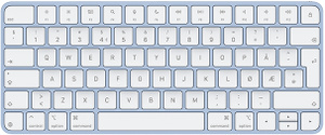 Magic Keyboard i blå, med hvite taster og finish av aluminium i farge som matcher iMacen.