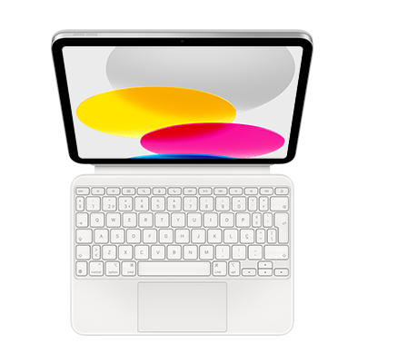 Magic Keyboard Folio com iPad, colocada na horizontal, branca, teclas de seta dispostas em T invertido e trackpad integrado