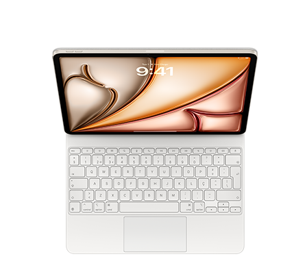 iPad Air com Magic Keyboard, em branco, teclas brancas com letras a cinzento, teclas de seta dispostas em T invertido, fila de teclas de função e trackpad integrado