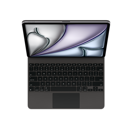 Magic Keyboard for iPad Air, side exterior, white color with silver color aluminum, white color keys, USB-C port located on bottom-left side near folding area, floating cantilever design, iPad Air attached, landscape orientation, screen tilted back