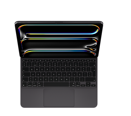 iPad Air com Magic Keyboard, em branco, teclas brancas com letras a cinzento, teclas de seta dispostas em T invertido, fila de teclas de função e trackpad integrado