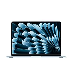 13-inch MacBook Air, top open, Liquid Retina display, rounded corners, raised feet, Sky Blue colour